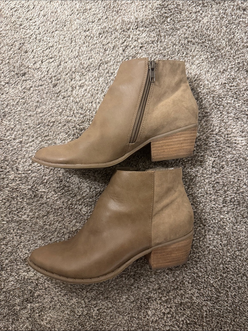 Women's Tan faux Suede & Leather Ankle Booties - Side Zip